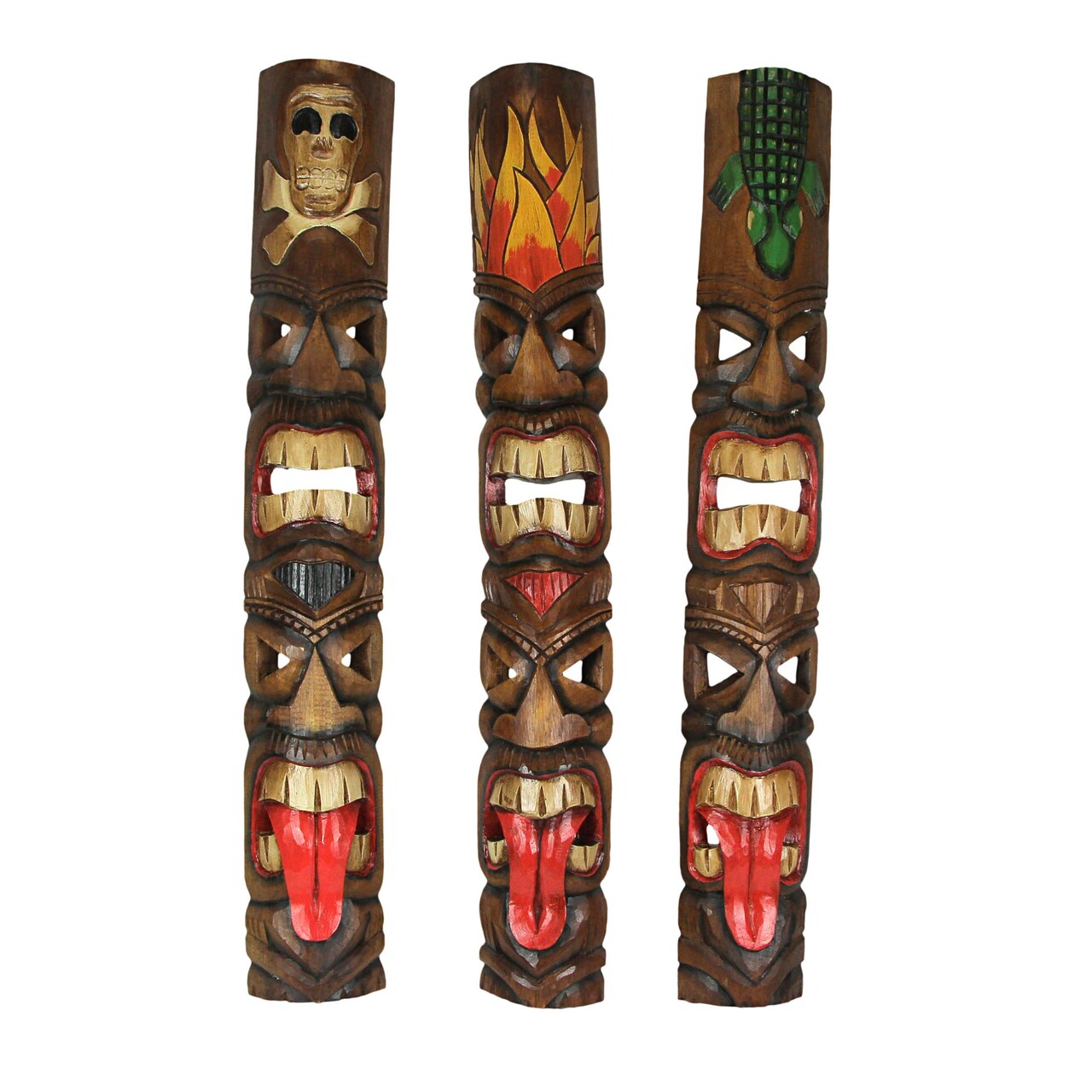 Set of 3 Double Tiki Mask Totem Hand Carved Wall Decor Tribal Sculpture 40 Inch